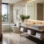 3 BHK Sosar Jade Bandra West Bright Bathroom With Double Vessel Sink Vanity, Glass-Enclosed Shower, Bathtub And Indoor Greenery