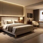 3 BHK Sosar Jade Bandra West Master Bedroom With Warm Walnut Panelled Headboard, Cove Ceiling Lighting And Study Nook By The Window