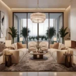 3 BHK Sosar Jade Bandra West Sophisticated Living Room With Crystal Chandelier, Cream Curved Sofas, Linear Fireplace