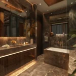 3 BHK The Crimson Borivali West Opulent Toilet With Brown Marble Cladding Brass Hardware