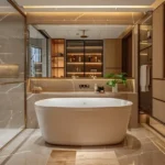 3 BHK The Crimson Borivali West Spa Inspired Washroom With Oval Soaking Tub Backlit Shelving And Grey Marble Walls