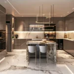 3 BHK The Crimson Borivali West Sleek Grey Handleless Kitchen With Veined Marble Breakfast Island