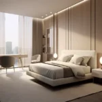 3 BHK West 10 Juhu Gully Neutral Toned Bedroom With Study Corner And Floor To Ceiling City View