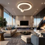 4 BHK The Grand Lower Parel Airy Duplex Lounge With Circular Ceiling Light Floor To Ceiling Glass
