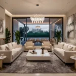 5 BHK The Grand Lower Parel Sophisticated Lounge With Ivory Sofas Linear Fireplace And Glass Walled Garden Outlook