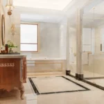 Hiranandani Maitri Park Chembur 3 BHK Classic Washroom With Ornate Wooden Cabinet Marble Inlay Floor
