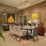 Hiranandani Maitri Park Chembur 4 BHK Opulent Eating Area With Cream Upholstered Chairs Mirrored Wall