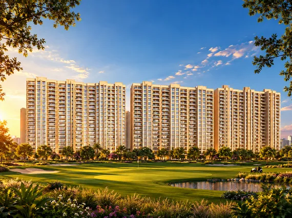 Hiranandani Maitri Park Chembur Residential Towers Overlooking Green Golf Lawn At Sunset