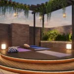 Ivory Heights Vile Parle Creeper Pergola With Hanging Lanterns And Circular Wood Yoga Deck