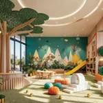 One Vara Goregaon Indoor Children’s Playroom Featuring A Centrepiece Tree Sculpture And Spiral Slide