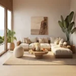 Raya Terraces JVPD Juhu Living Room With Cream Sectional Sofa And Indoor Plants