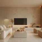 Raya Terraces JVPD Juhu Living Room With Cream Sofas And Marble TV Wall