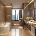 oswalt Ryla SV Road Bandra West Luxury Bathroom With Beige Marble Walls Built-In Bathtub