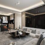 Roswalt Ryla SV Road Bandra West Spacious Living Room With Black Glass Feature Wall Contemporary Sofas