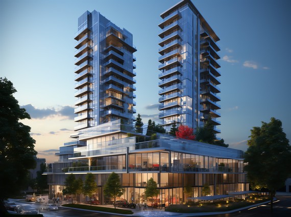 Roswalt Ryla SV Road Bandra West Twin Tower Glass Facade Illuminated At Dusk With Landscaped Podium