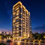 Sosar Jade Bandra West Illuminated Tower Facade At Night With Warm Glowing Balconies Against A Starlit Mumbai Skyline