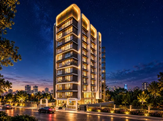 Sosar Jade Bandra West Illuminated Tower Facade At Night With Warm Glowing Balconies Against A Starlit Mumbai Skyline