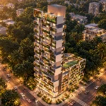 The Altimus Khar West Landscaped High Rise Seen From Above With Tree Lined Streets And Glowing Balconies