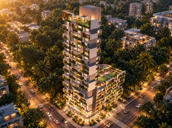 The Altimus Khar West Landscaped High Rise Seen From Above With Tree Lined Streets And Glowing Balconies