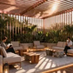 The Altimus Khar West Tranquil Outdoor Sit Out With Timber Slatted Canopy Cushioned Sofas And Tropical Plants