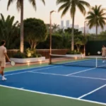 The Altimus Khar West Open Air Racquet Court With Blue Playing Surface Palm Trees And City Skyline Backdrop