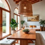 Veda Monteza Plots for Sale Alibaug Dining Room with Wooden Table and Woven Pendant Lights