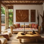 Veda Monteza Plots for Sale Alibaug Living Room with Carved Wall Art and Wooden Coffee Table