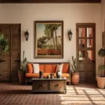 Veda Monteza Plots for Sale Alibaug Sitting Area with Orange Cushions and Rustic Doors