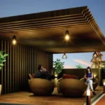 West 10 Juhu Gully Warm Lit Evening Rooftop Seating Under Timber Slat Canopy